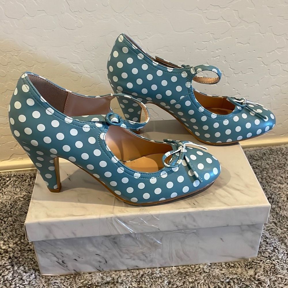 Oripalla Womens Mary Jane Heeled Shoes Bow Tie Blue Polka Size 8.5